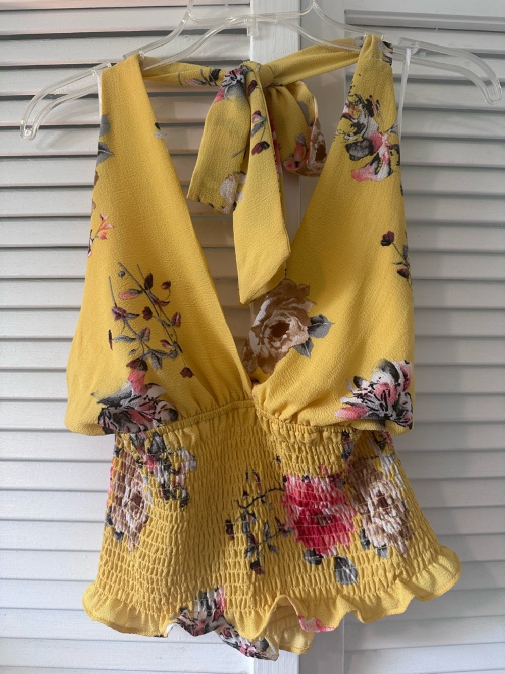 Love Tree Size Medium Yellow Floral Halter Smocked Waist Tank
